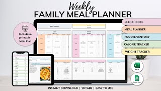 Weekly Family Meal Planner  Recipe Journal  Food Inventory  Weight Loss Planner  Grocery List [upl. by Lambrecht]