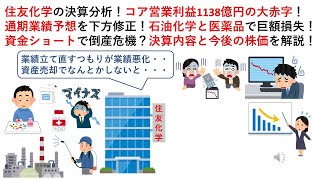 住友化学の決算分析！コア営業利益1138億円の大赤字！通期業績予想を下方修正！石油化学と医薬品で巨額損失！資金ショートで倒産危機？決算内容と今後の株価を解説！ [upl. by Cook]