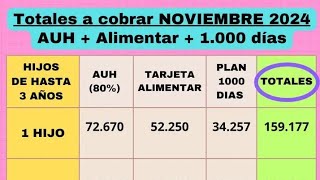 MONTOS TARJETA ALIMENTAR AUH Y PLAN MIL DÍAS ANSES NOVIEMBRE 2024 [upl. by Selden322]