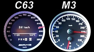 Mercedes C63 AMG vs BMW M3 E92 Acceleration 0260 kmh Onboard V8 Sound Kickdown Autobahn [upl. by Enihpad]