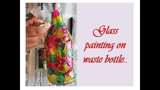 Bottle artGlass Painting on Bottles  Glass Painting for beginners  Glass Painting Designs [upl. by Enidaj]