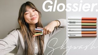 GLOSSIER SKYWASH REVIEW  DISCOUNT CODE All 7 shades swatched amp first impression [upl. by Oicinoid]