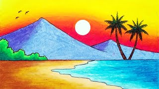 How to Draw Beautiful Sunset in the Beach  Easy Sunset Scenery Drawing [upl. by Izogn]