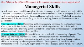 Managerial Skills Conceptual Skills Human Relations Skills amp Technical Skills  Very Important [upl. by Heman]