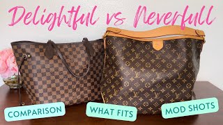 Louis Vuitton Delightful MM vs Neverfull MM  Comparison Review What Fits Mod Shots [upl. by Macnair]