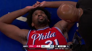 Joel Embiid shaken up after dunk vs Knicks  NBA on ESPN [upl. by Bradney]