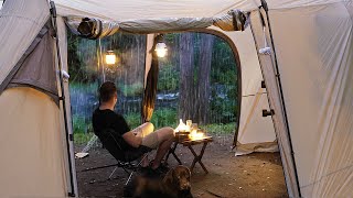 Gloomy SOLO Camping in RAIN and THUNDER  relaxing in a cosy shelter by the Creek storm ASMR [upl. by Anders731]