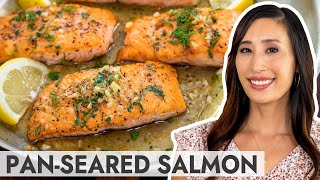 Crispy PanSeared Salmon with Lemon Garlic Sauce [upl. by Enihsnus]