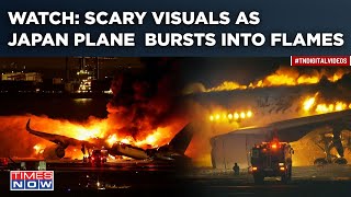 Watch Japan Plane Bursts Into Flames At Tokyo Airport Collision With Coast Guard Aircraft [upl. by Ennayllek845]