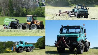 Siloballen pressen  wickeln  abfahren mit MB Unimog U1400 U1600 U406 und Doppstadt Trac 150 [upl. by Junina]