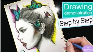 Drawing Shading realistic WOMANS face with graphite amp aquarelle pencils [upl. by Neeli]