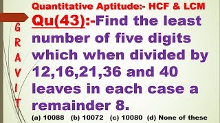 Find the least number of five digits which when divided by 12 16 21 36 and 40 leaves in each [upl. by Lachance703]