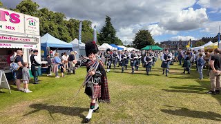 Drum Major Stuart leads Deeside Caledonia Pipe Band march into 2024 Aboyne Highland Games Scotland [upl. by Genevra140]