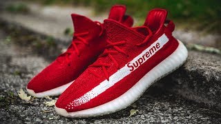 HOW TO PAINT FABRIC SHOES  SUPREME YEEZY BOOST 350 V2 [upl. by Laeria]