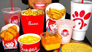 ASMR CHICKFILA VS WENDYS MAC N CHEESE CHEESE SAUCE FRIES CHICKEN NUGGETS ICE CREAM EATING MUKBAN [upl. by Cinemod939]