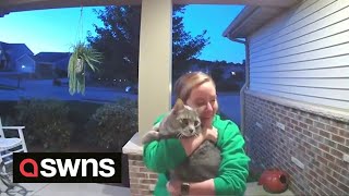 Doorbell cam captures emotional moment cat owner is reunited with lost pet  SWNS [upl. by Syramad]