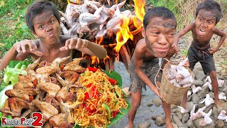 primitive technology cocking wIng chicken inJugle eat with somTum [upl. by Sherar]