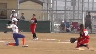 Catcher Pick Off Throw Down from Knees vs Cruisers TCS World Series Softball San Diego Emily Burrow [upl. by Madlen]