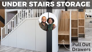 DIY Modern Under Stairs Storage Idea with Pull Out Drawers and Painted Door Panels  Part 4  REVEAL [upl. by Mutz879]