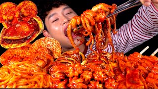 ASMR 땀뻘뻘 매운해물찜 매운낙지 대왕가리비 왕전복 매운어묵 우동볶이 먹방 Spicy Seafood🥵Octopus Scallops Abalone Noodles MuKBang [upl. by Ymereg]