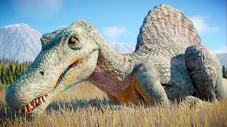 SPINOSAURUS vs TREX vs INDOMINUS vs GIGANOTOSAURUS DINOSAURS BATTLE  Jurassic World Evolution 2 [upl. by Ardehs]