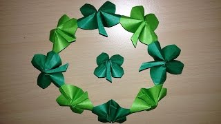 折り紙の四つ葉のクローバーリース 簡単な折り方niceno1 Origami four leaf clover wreath [upl. by Aicilev]