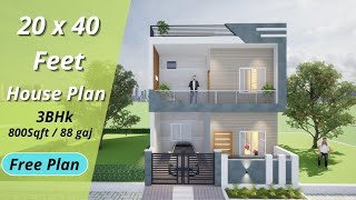 20 x 40 feet house plan  800 sqft  90 Gaj  20 x 40 modern house design 3d  6 x 12 meter [upl. by Enirehtac]