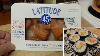 Latitude 45 Smoked Salmon Candy Bites Review  Candied Salmon Sushi Roll [upl. by Maurie936]