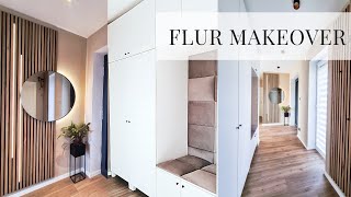 Flur Renovierung Ikea Platsa Garderobenschrank Sitzbank mit Wandpolster Holzpaneele kleiner Flur [upl. by Pesek998]