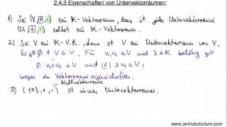 Eigenschaften von Untervektorräume  Mathematik Video Übung [upl. by Suivat]