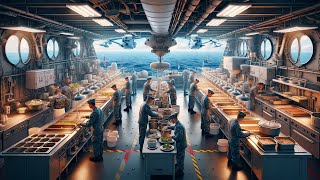 INSIDE SEA GALLEY USS Enterprise Aircraft Carrier Makes 17300 MEALS A DAY [upl. by Afatsuom]