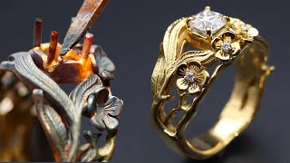 custom floral style engagement ring  making 18K gold engagement ring [upl. by Oram592]