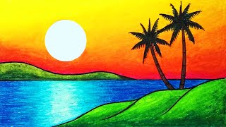 How To Draw Beautiful Sunset  Easy Sunset Scenery Drawing [upl. by Nolyd]