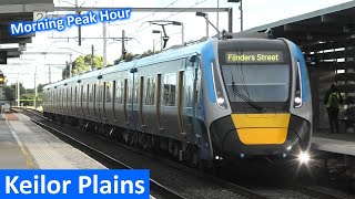 Trains at Keilor Plains during Peak Hour  Melbourne Transport [upl. by Arvell]