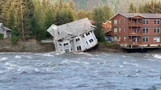 Home and trees fall into the Mendenhall River in Juneau Alaska [upl. by Aihsela]