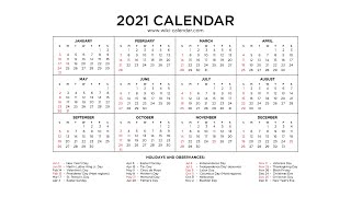 Free Printable Year 2021 Calendar with Holidays  Wiki Calendar [upl. by Yancy]