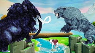 Black Mammoth Vs Saber Tooth Tiger attack Cow  Smilodon Versus Mammoth Log Bridge Animal Crossing [upl. by Evers31]