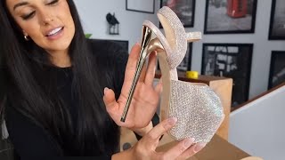 Ashley Unboxes Rose Gold Rhinestone 7 Inch High Heel Platform Shoes With Gold Heel [upl. by Elsbeth]