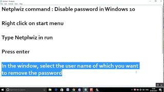 Netplwiz command  Disable password in Windows 10 [upl. by Ycnej784]