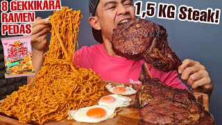 MUKBANG 8 GEKIKARA RAMEN JUMBO  STEAK TOMAHAWK 15 KG [upl. by Ytte690]