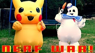 Nerf War Epic Battles With Pikachu Stuart the Minion TRex and Marshmallow Man [upl. by Skip]