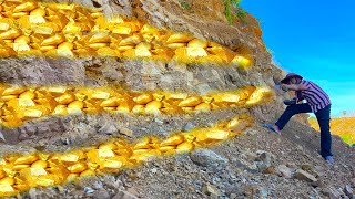 wow amazing day gold miner found a lot of gold treasure under stone at mountain [upl. by Madea]