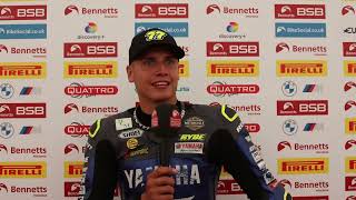 2024 Bennetts British Superbike Championship R8 Cadwell Park Race 1 podium reactions [upl. by Sekofski]