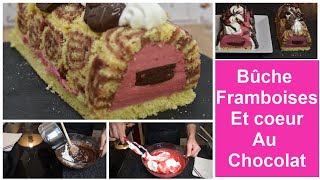 Bûche framboises et son cœur ganache au chocolat  simple et délicieux [upl. by Aerdnaed566]