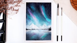 ❄️ Northern Lights Watercolor Painting Tutorial  Winter Landscape [upl. by Damalus]