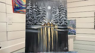 How To Paint Black White amp Gold winter landscape 🎨 acrylic painting tutorial [upl. by Haimaj553]