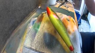 airbrush lure painting sybe baits video spuiten scales gill envirotex jerkbait [upl. by Enaek]