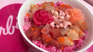 HOW TO MAKE POKE BOWL ♡ PINK FOOD for 24 hours ♡ BARBIE COOKING VIDEO PINK SUSHI RICE [upl. by Edita839]