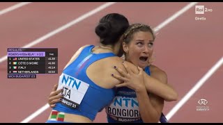 STAFFETTA 100m FEMMINILE RECORD ITALIANO  MONDIALI ATLETICA BUDAPEST 2023 [upl. by Nomrej]