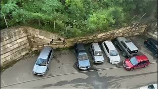 Retaining wall collapse damages seven cars in Vladivostok [upl. by Dorcus808]